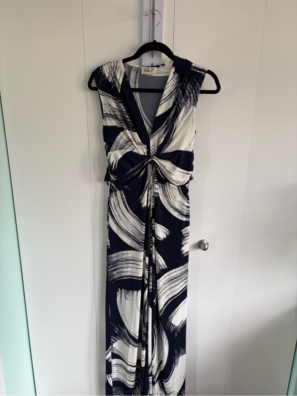 Eliza J Navy and White Brushstroke Twist-Front Maxi Dress